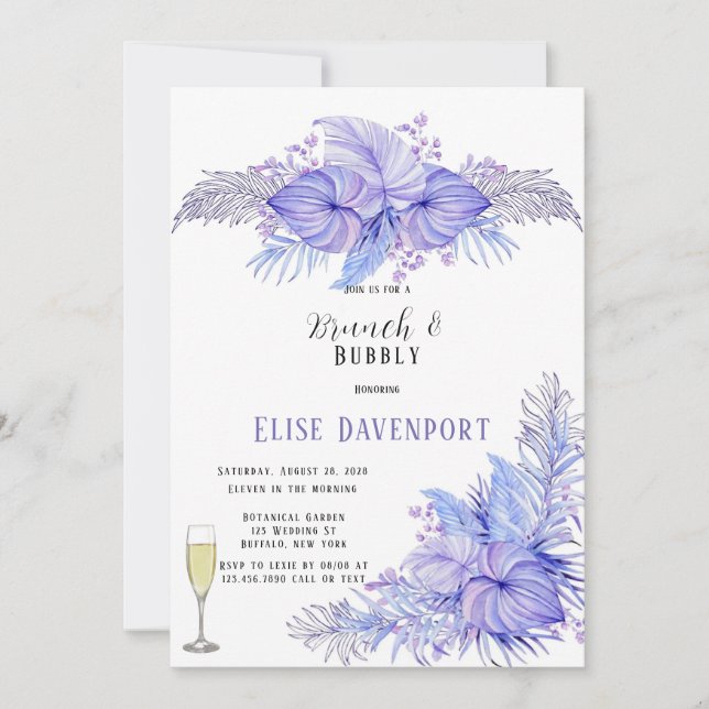 Invitación Brunch y Bubbly de hojas de palma púrpura tropical (Anverso)