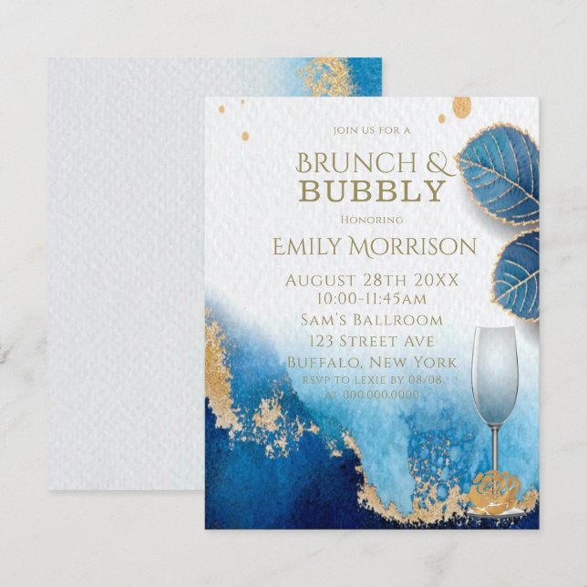 Invitación Brunch y bubbly de Ocean Blue y Gold Agate (Anverso / Reverso)