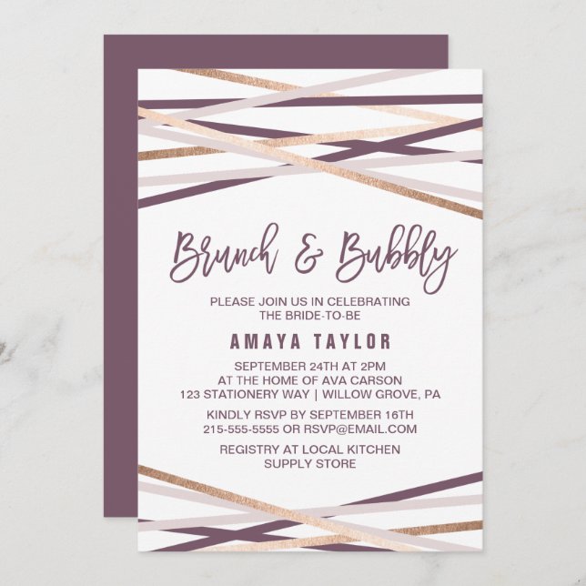 Invitación Brunch y Bubbly de Rubor y Rosa Gold Streamers (Anverso / Reverso)