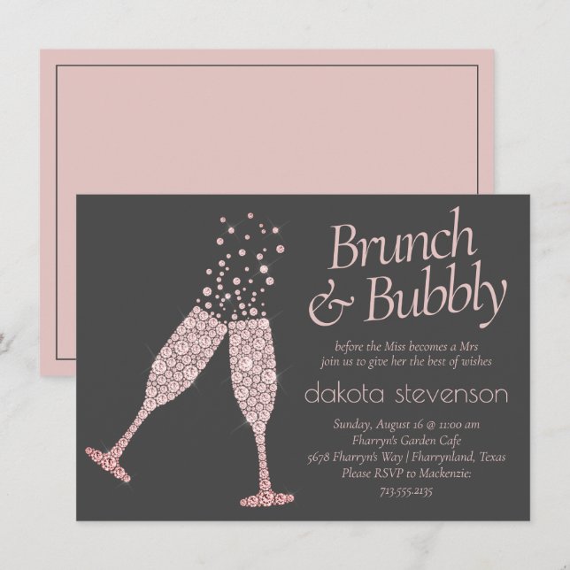 Invitación Brunch y Bubbly | Ducha rosa gris oscuro malva (Anverso / Reverso)