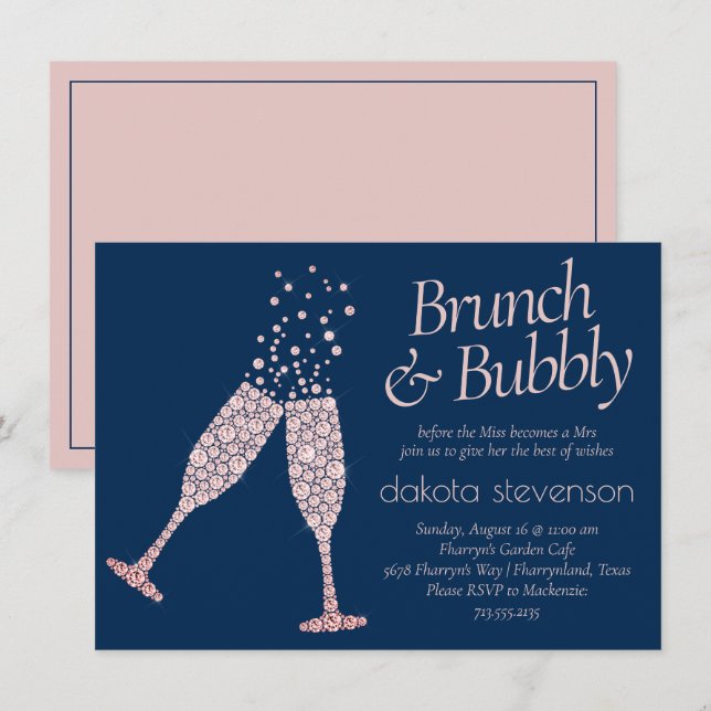 Invitación Brunch y Bubbly | Ducha rosa Rubor azul marino (Anverso / Reverso)