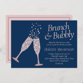 Invitación Brunch y Bubbly | Ducha rosa Rubor azul marino