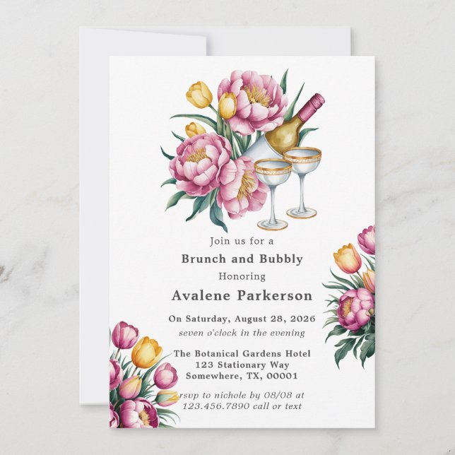 Invitación Brunch y Bubbly Floral Harmony vibrante (Anverso)