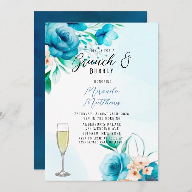 Invitación Brunch y Bubbly floral verde azulado y pintado (Anverso / Reverso)