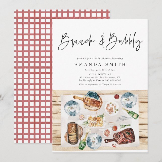 Invitación Brunch y Bubbly Picnic BBQ Red Plaid Baby Shower (Anverso / Reverso)