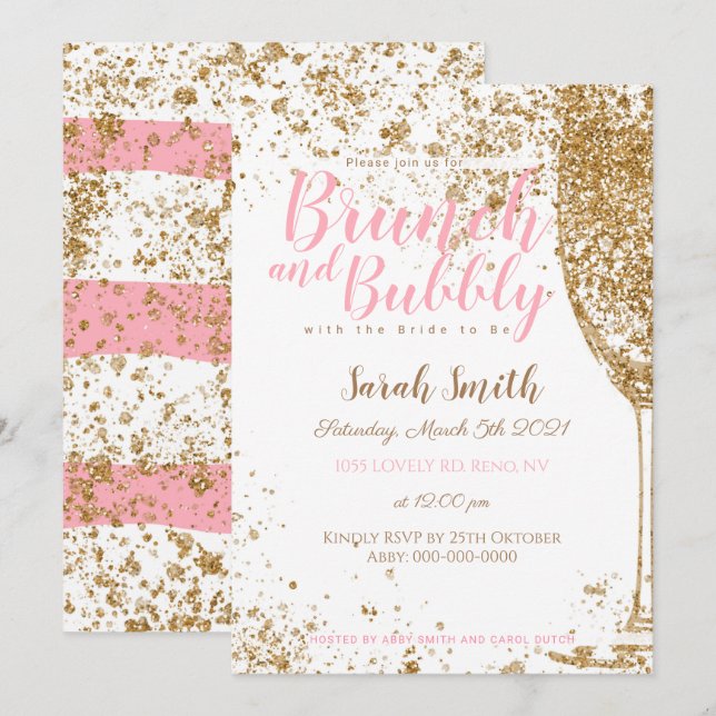 Invitación Brunch y Bubbly rayas rosadas con brillo (Anverso / Reverso)