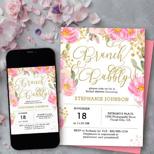 Invitación Brunch y Bubbly Rosa Dorado Floral Desayuno Nupcia