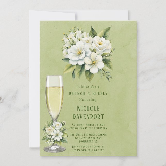 Invitación Brunch y Bubbly verde floral blanco pintado (Anverso)