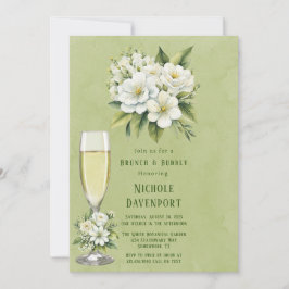 Invitación Brunch y Bubbly verde floral blanco pintado