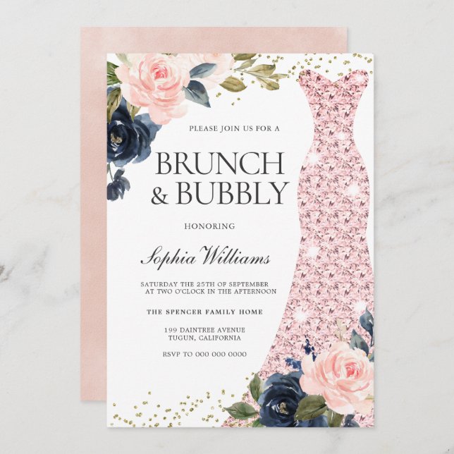 Invitación Brunch y burbuja de flores de la marina y Rubor (Anverso / Reverso)