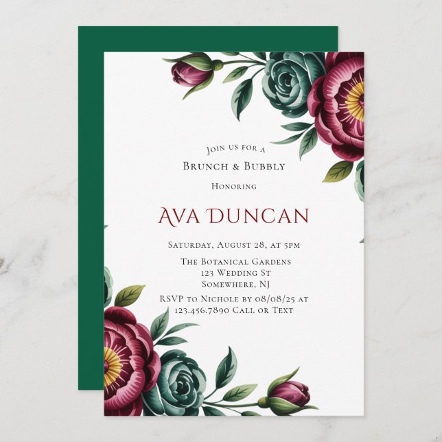 Invitación Brunch y burbuja de invierno de Borgoña y Peonia E (Anverso / Reverso)