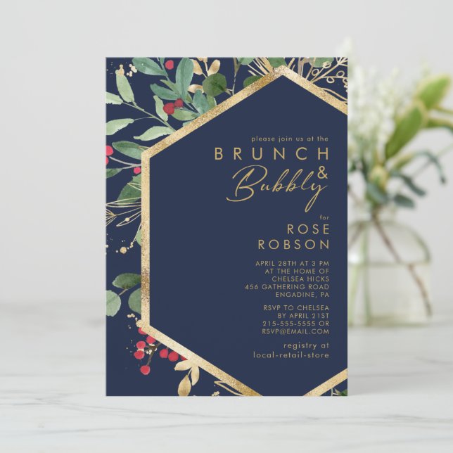 Invitación Brunch y burbuja de la marina verde de los Navidad (Anverso de pie)