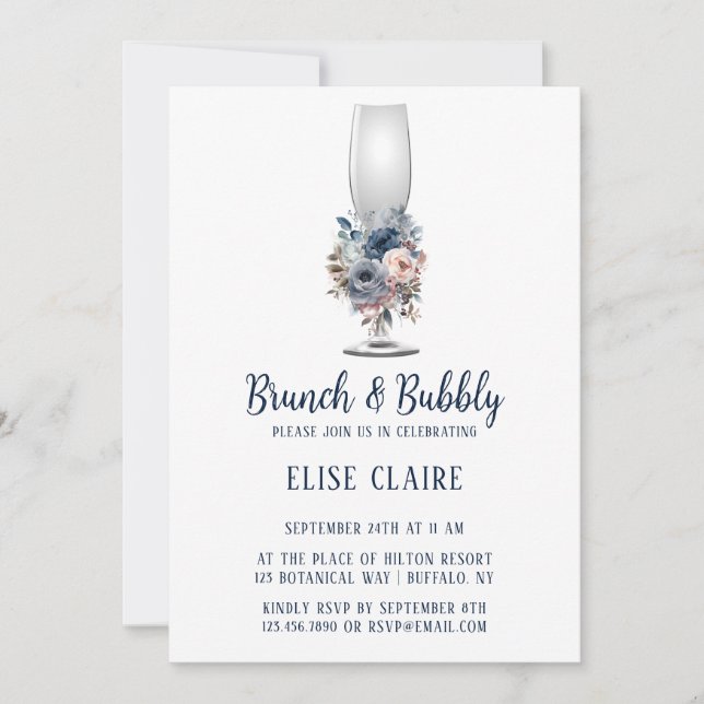 Invitación Brunch y burbuja de rosas rosadas de Rubor azul de (Anverso)