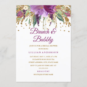 Invitación Brunch y burbujas con brillo floral amatista