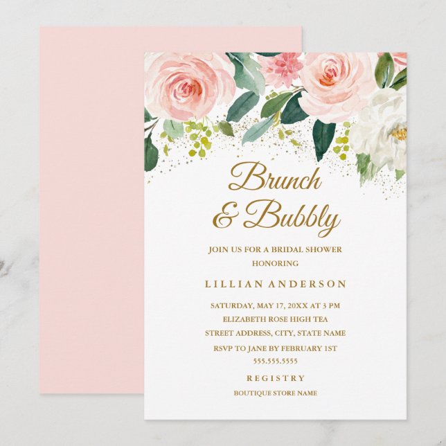 Invitación Brunch y burbujas con flores rosadas y brillo dora (Anverso / Reverso)