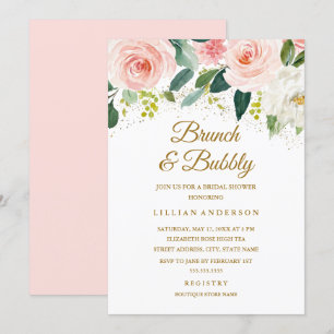 Invitación Brunch y burbujas con flores rosadas y brillo dora