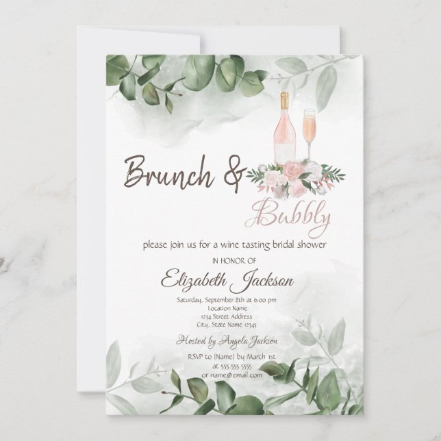 Invitación Brunch y burbujas con sabor a vino, eucalipto y ve (Anverso)