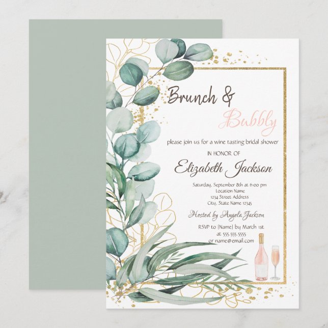 Invitación Brunch y burbujas con sabor a vino y eucalipto (Anverso / Reverso)