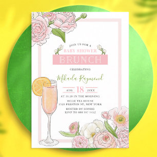 Invitación Brunch y burbujas de Baby Shower con flores rosada