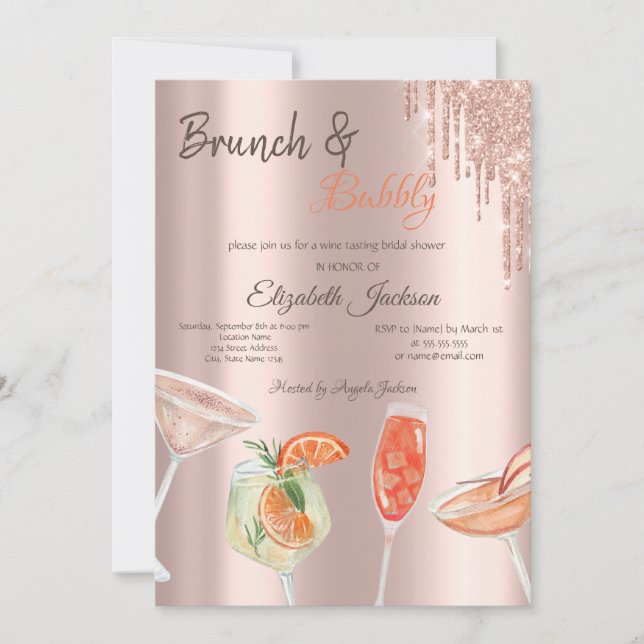 Invitación Brunch y burbujas de cócteles con destellos que go (Anverso)