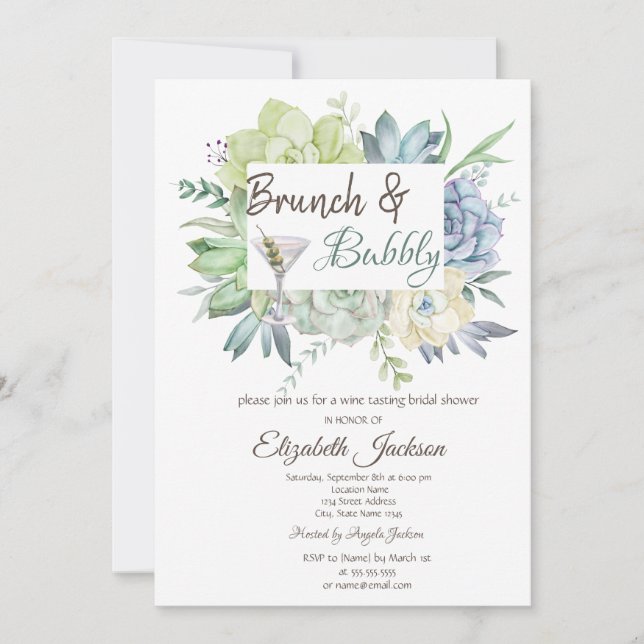 Invitación Brunch y burbujas de Martini de Cactus con acuarel (Anverso)