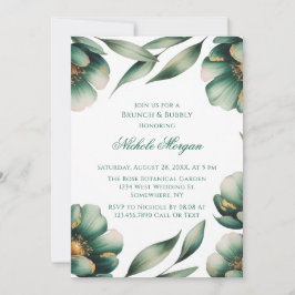 Invitación Brunch y burbujas de verde esmeralda y dorado flor
