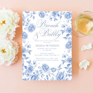 Invitación Brunch y Burbujas Desayuno Nupcial Floral Azul