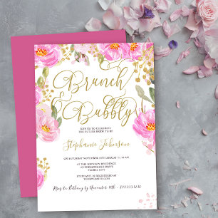 Invitación Brunch y Burbujas Floral Rosa y Dorado Baby Shower