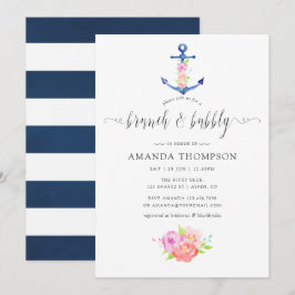 Invitación Brunch y burbujas florales tema náutico acuarela