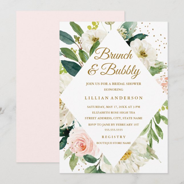 Invitación Brunch y burbujas rosa floral dorado (Anverso / Reverso)