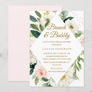 Invitación Brunch y burbujas rosa floral dorado