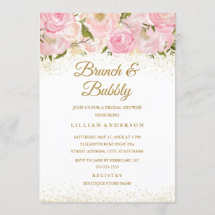Invitación Brunch y ducha de burbujas de rosa destello de oro