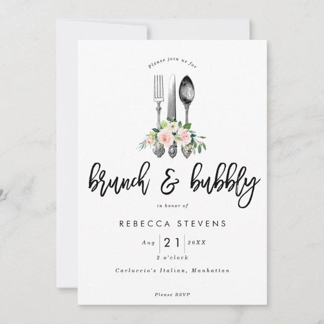 Invitación brunch y ducha de novia florida rosa burbujeante (Anverso)