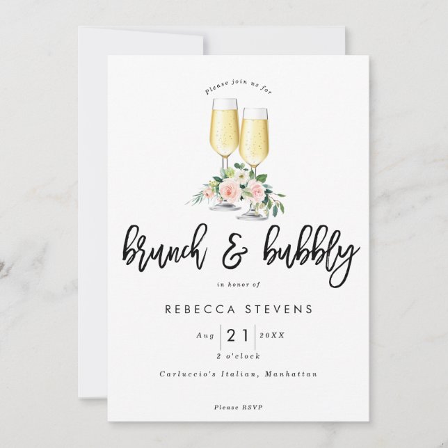 Invitación brunch y ducha nupcial floral rosada burbujeante (Anverso)