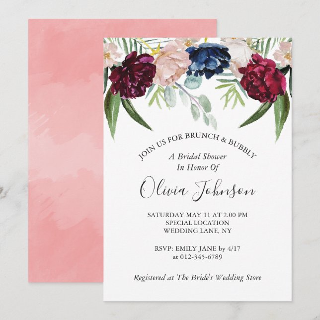 Invitación Brunch y elegante ducha de novia floral (Anverso / Reverso)