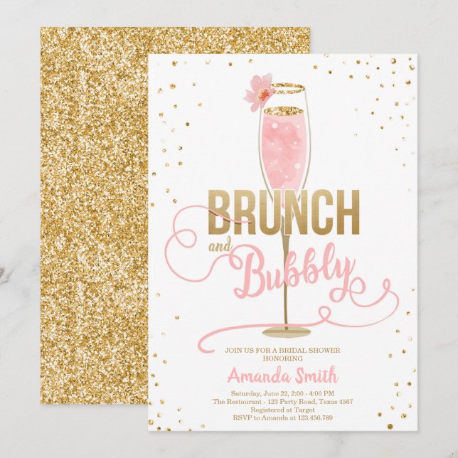 Invitación Brunch y oro nupcial burbujeante Champán de Rubor (Anverso / Reverso)
