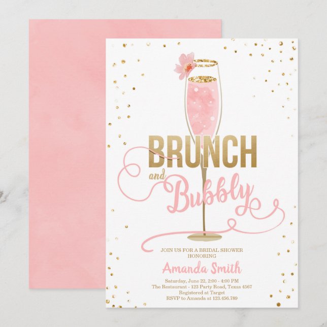 Invitación Brunch y oro nupcial burbujeante Champán de Rubor (Anverso / Reverso)