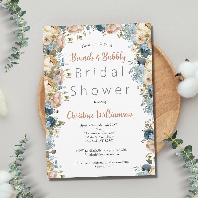 Invitación Brunéi azul blanco rosa Floral Bubbly Bridal Showe (Subido por el creador)