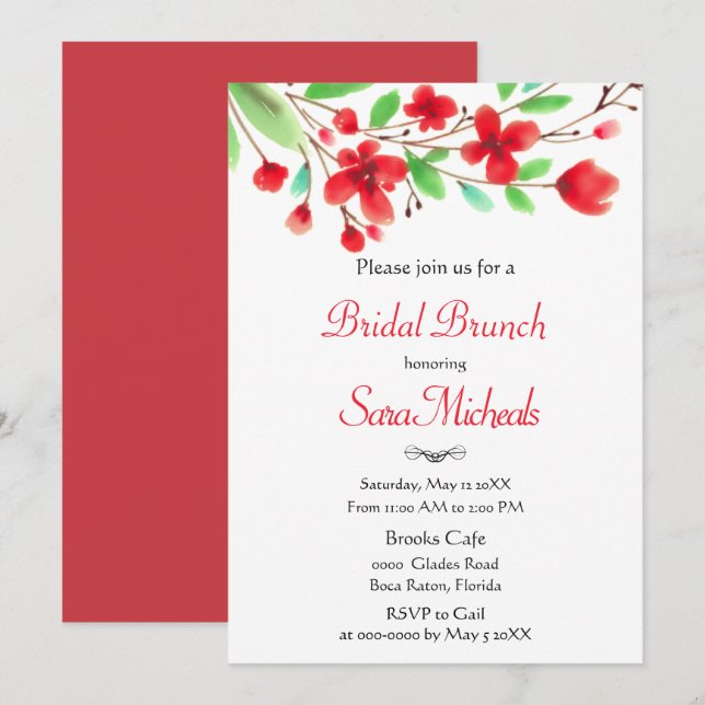 Invitación Brunéi Bridal de flores de cerezo rojo acuarela (Anverso / Reverso)