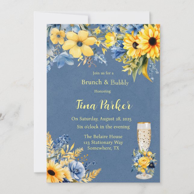 Invitación Brunéi de color azul amarillo peony y burbuja (Anverso)