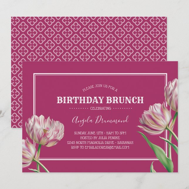 Invitación Brunéi de Cumpleaños Rosado (Anverso / Reverso)