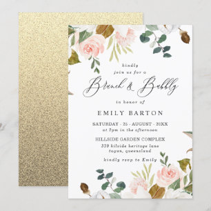 Invitación Brunéi de ducha de novia con flores y oro de Rubor