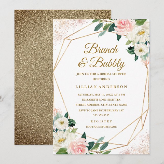 Invitación Brunéi De Ducha De Novias Geométricas Florales Y B (Anverso / Reverso)