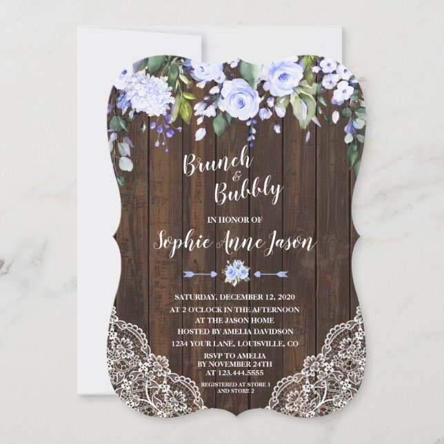 Invitación Brunéi de madera azul floral y ducha de novia con  (Anverso)