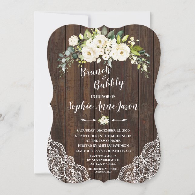 Invitación Brunéi de madera blanca floral y ducha de novia co (Anverso)