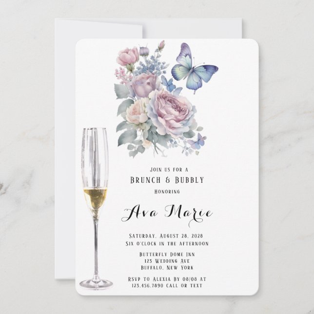 Invitación Brunéi de mariposa azul turquesa y peonía rosada (Anverso)