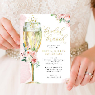 Invitación Brunéi de novia floral rosa y dorada con champán