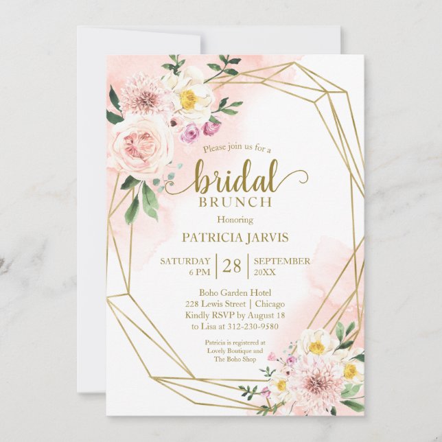 Invitación Brunéi de novia geométrica de oro floral de Rubor  (Anverso)