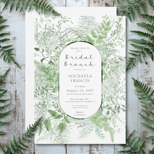 Invitación Brunéi de Novias Blancas Rústico Fern Green Foliag (Rustic Fern Green Foliage White Bridal Brunch Invitation)