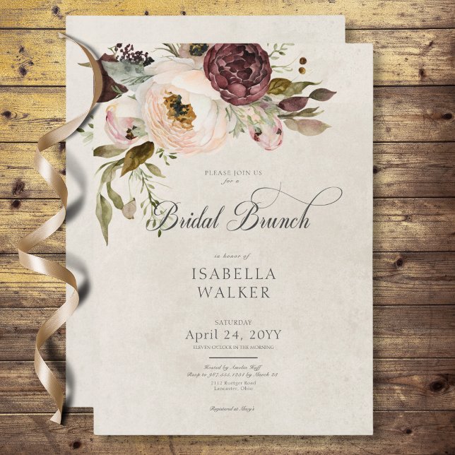 Invitación Brunéi de novias con crema rosa rosa de crema de b (Burgundy Cream Pink Vintage Peonies Bridal Brunch Invitation)